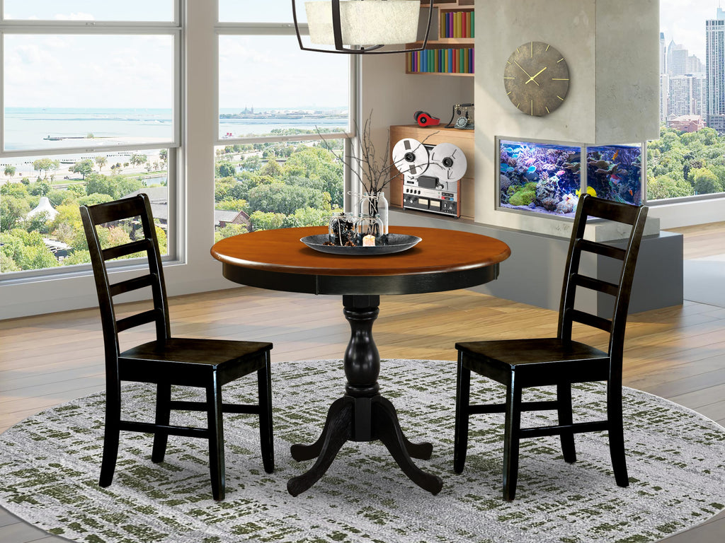 East West Furniture AMPF3-BCH-W 3 Piece Dining Table Set for Small Spaces Contains a Round Kitchen Table with Pedestal and 2 Dining Room Chairs, 36x36 Inch, Black & Cherry
