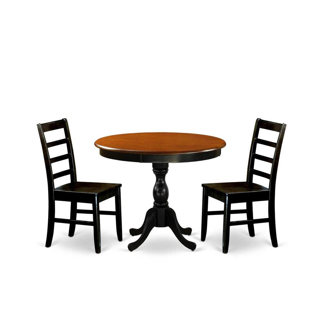East West Furniture AMPF3-BCH-W 3 Piece Dining Table Set for Small Spaces Contains a Round Kitchen Table with Pedestal and 2 Dining Room Chairs, 36x36 Inch, Black & Cherry