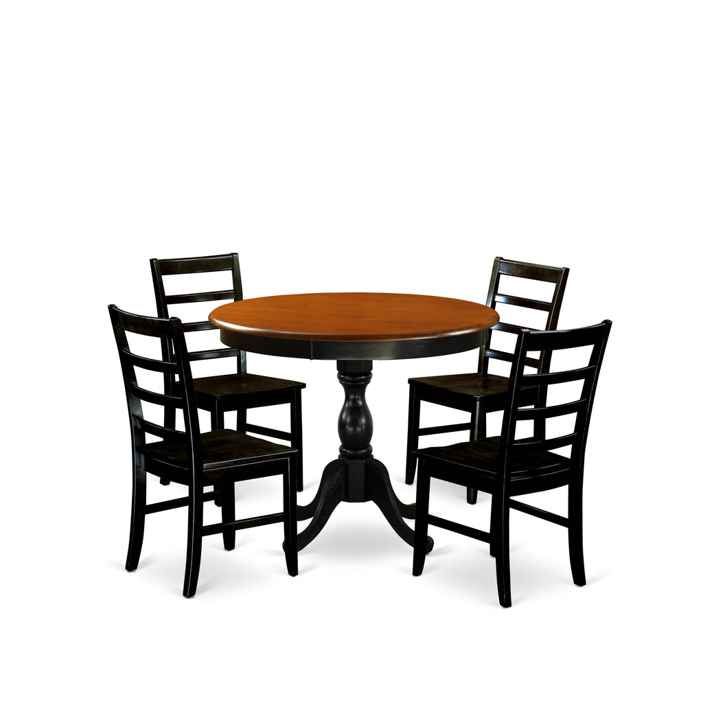East West Furniture AMPF5-BCH-W 5 Piece Kitchen Table & Chairs Set Includes a Round Dining Room Table with Pedestal and 4 Dining Chairs, 36x36 Inch, Black & Cherry