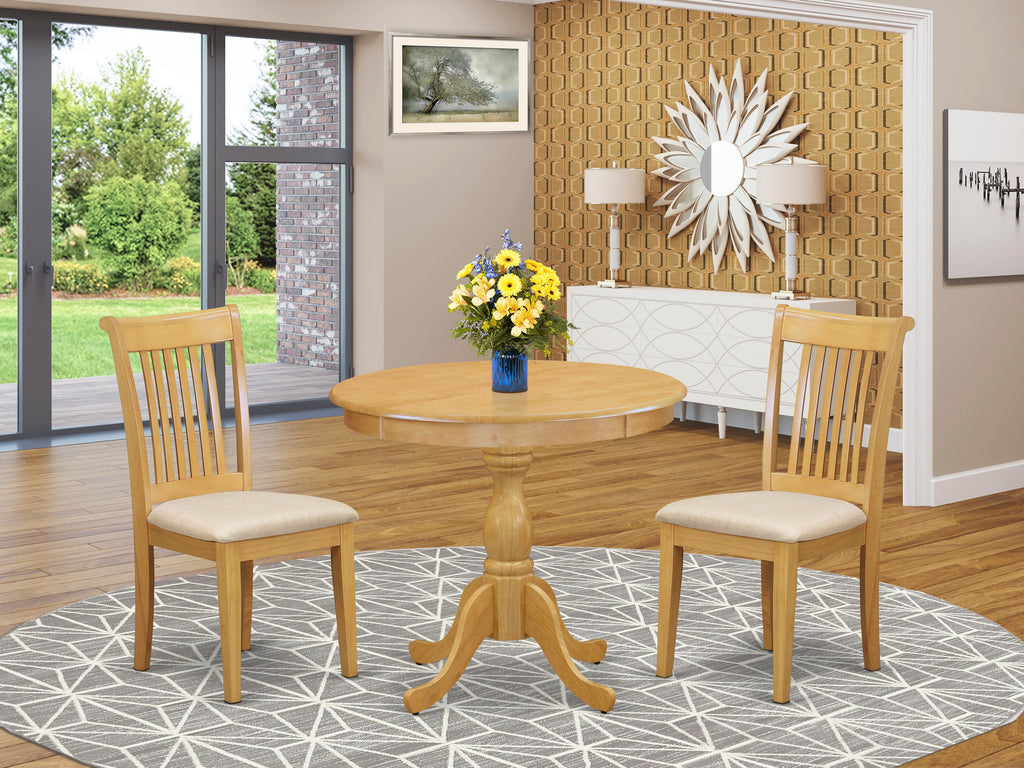 East West Furniture AMPO3-OAK-C 3 Piece Dining Room Furniture Set Contains a Round Dining Table with Pedestal and 2 Linen Fabric Upholstered Chairs, 36x36 Inch, Oak