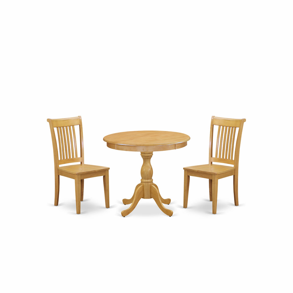 East West Furniture AMPO3-OAK-W 3 Piece Dining Room Furniture Set Contains a Round Dining Table with Pedestal and 2 Wood Seat Chairs, 36x36 Inch, Oak