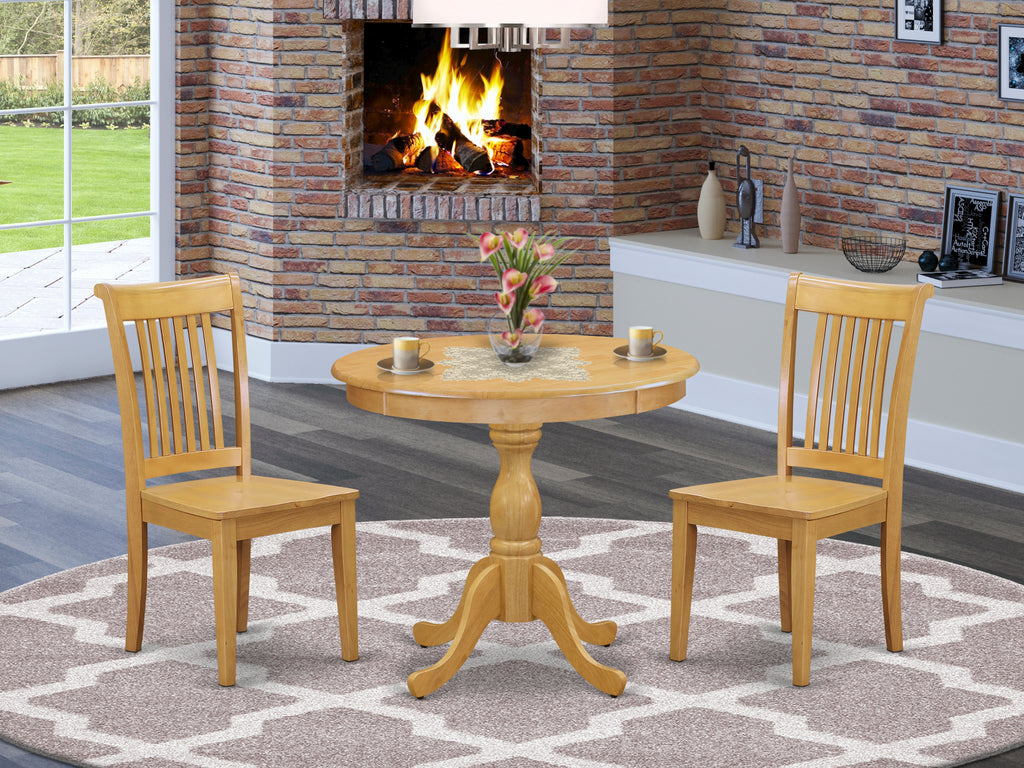 East West Furniture AMPO3-OAK-W 3 Piece Dining Room Furniture Set Contains a Round Dining Table with Pedestal and 2 Wood Seat Chairs, 36x36 Inch, Oak