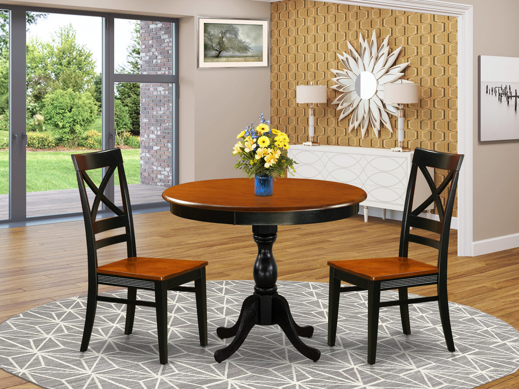 East West Furniture AMQU3-BCH-W 3 Piece Kitchen Table & Chairs Set Contains a Round Dining Room Table with Pedestal and 2 Dining Room Chairs, 36x36 Inch, Black & Cherry