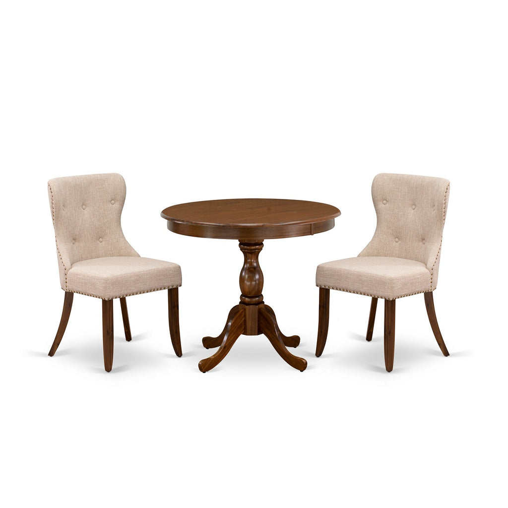 East West Furniture AMSI3-AWA-04 3 Piece Dining Table Set for Small Spaces Contains a Round Kitchen Table with Pedestal and 2 Light Tan Linen Fabric Parson Chairs, 36x36 Inch, Walnut