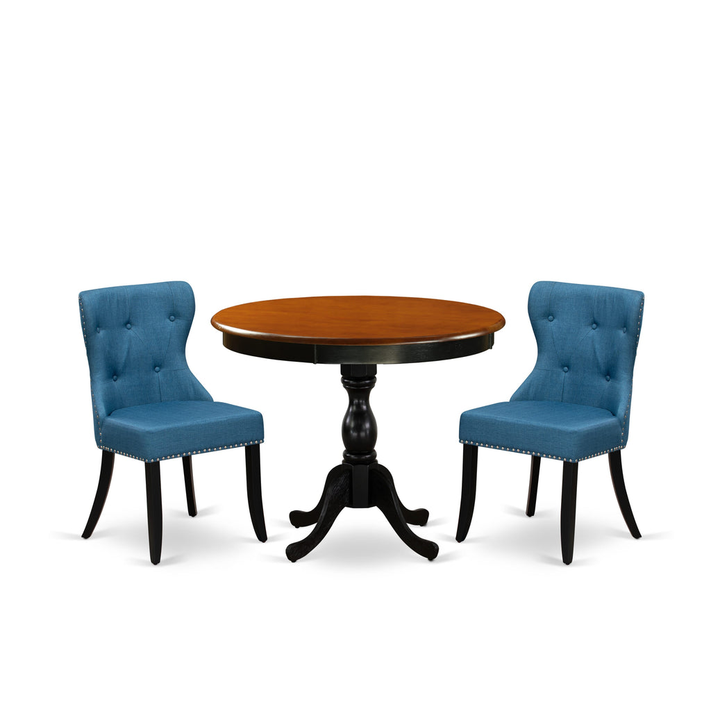 East West Furniture AMSI3-BCH-21 3 Piece Dinette Set for Small Spaces Contains a Round Kitchen Table with Pedestal and 2 Blue Linen Fabric Parson Dining Chairs, 36x36 Inch, Black & Cherry