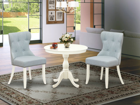 East West Furniture AMSI3-LWH-15 3 Piece Dining Table Set for Small Spaces Contains a Round Kitchen Table with Pedestal and 2 Baby Blue Linen Fabric Parsons Chairs, 36x36 Inch, Linen White