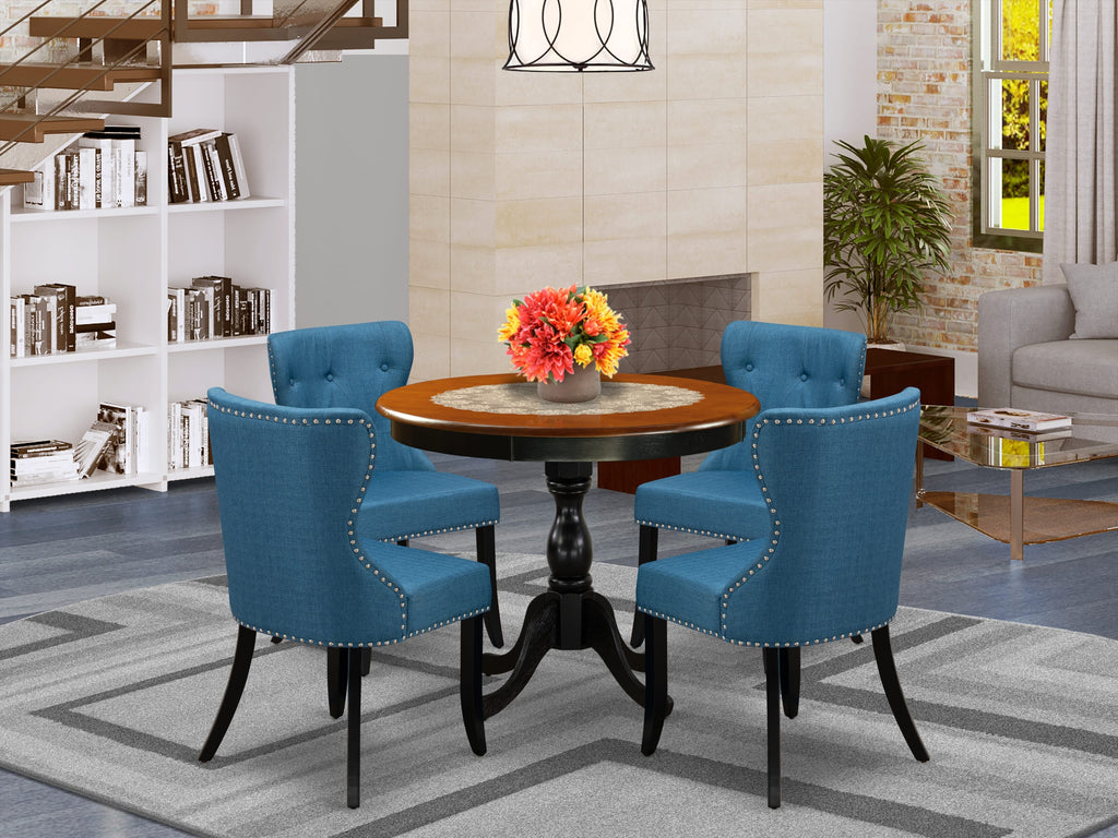 East West Furniture AMSI5-BCH-21 5 Piece Dining Room Furniture Set Includes a Round Kitchen Table with Pedestal and 4 Blue Linen Fabric Parsons Dining Chairs, 36x36 Inch, Black & Cherry