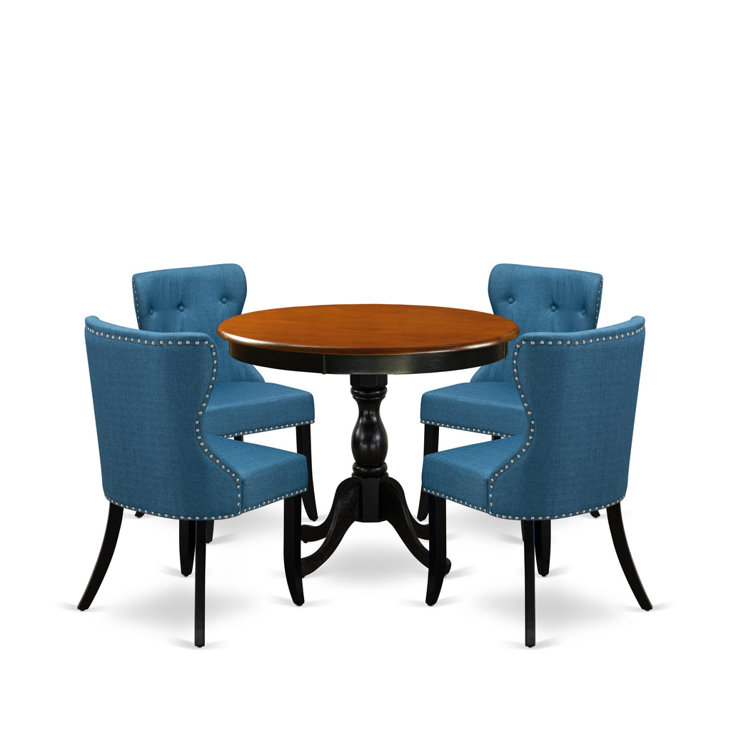 East West Furniture AMSI5-BCH-21 5 Piece Dining Room Furniture Set Includes a Round Kitchen Table with Pedestal and 4 Blue Linen Fabric Parsons Dining Chairs, 36x36 Inch, Black & Cherry