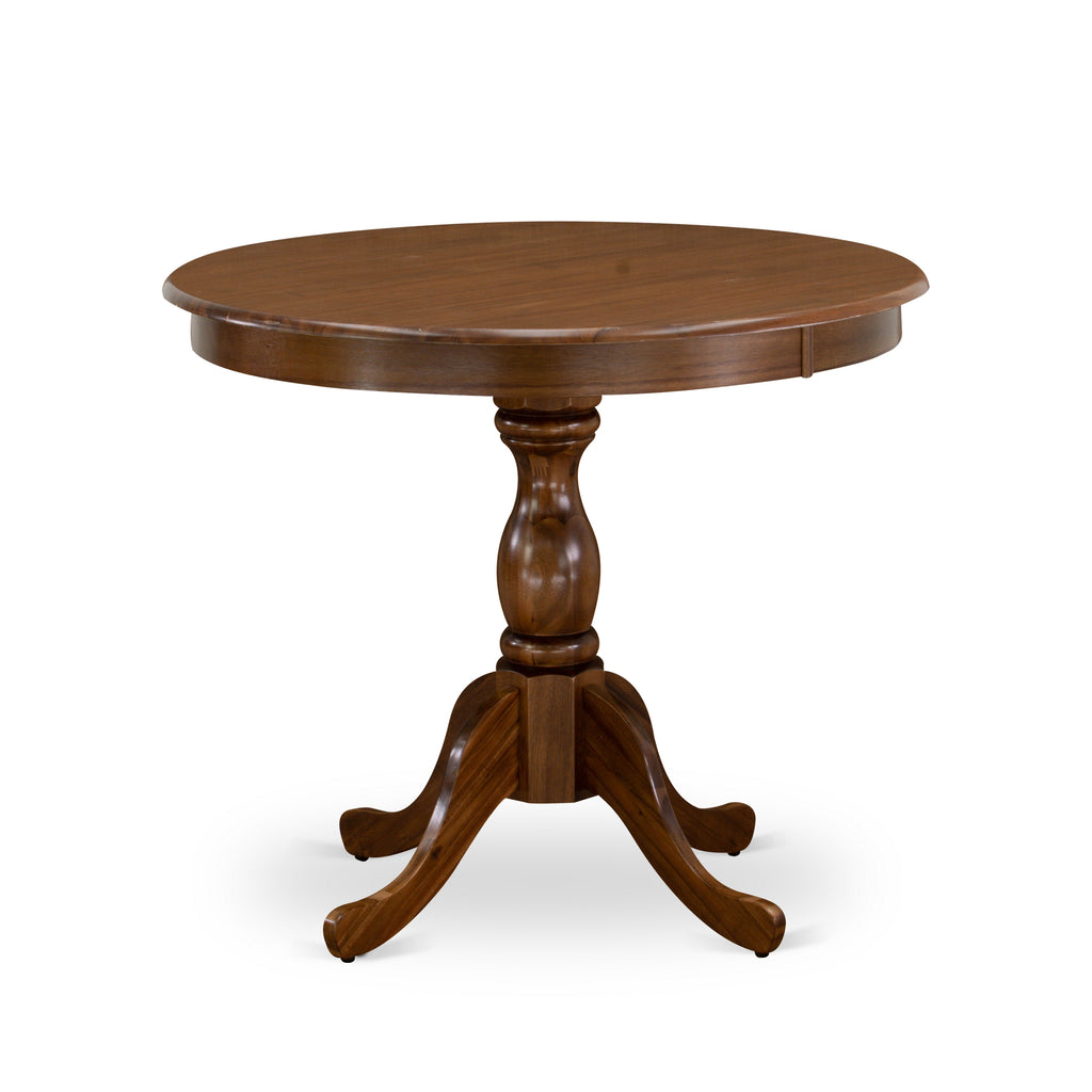 East West Furniture AMT-AWA-TP Antique Kitchen Table - a Round Dining Table Top with Pedestal Base, 36x36 Inch, Walnut