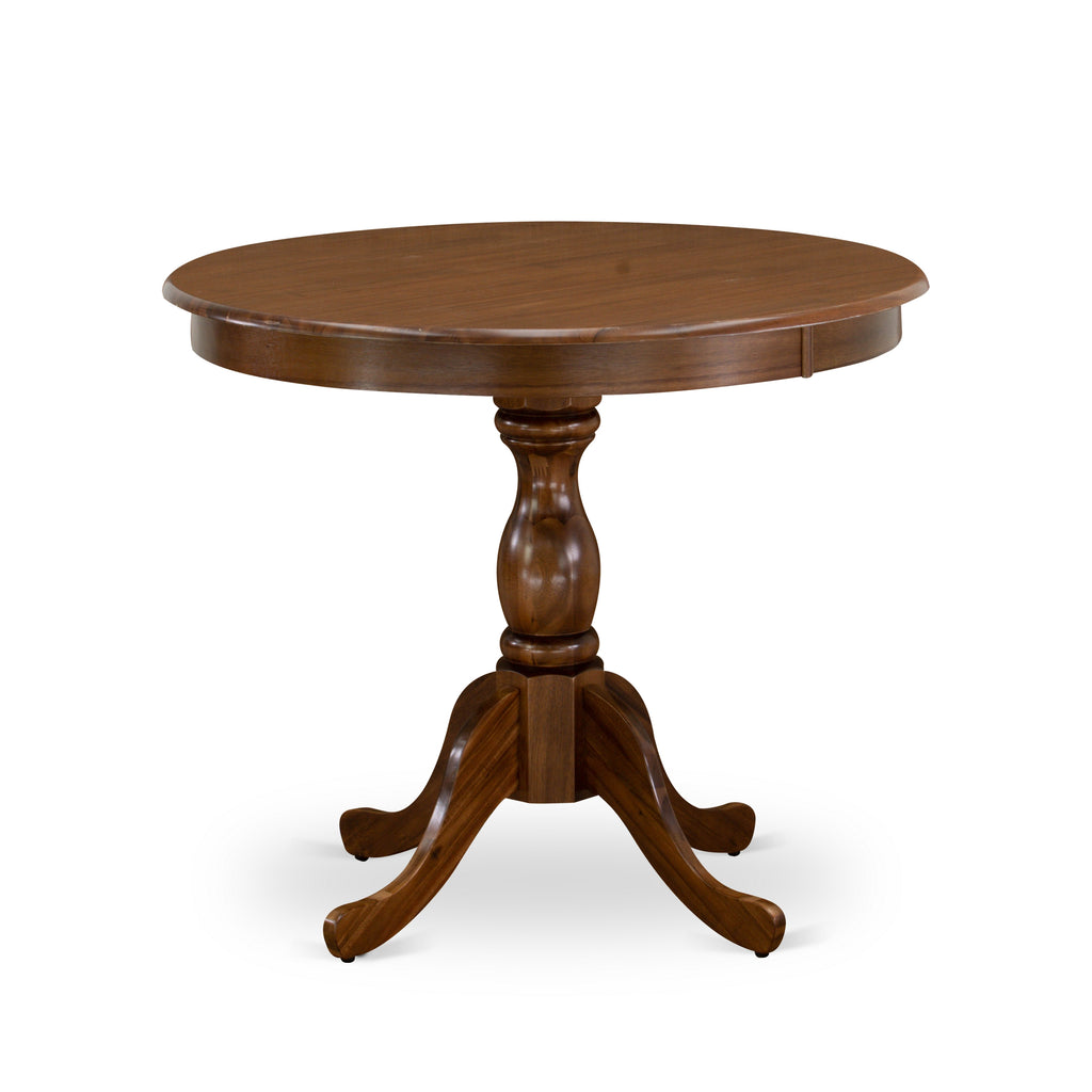 East West Furniture AMGA3-AWA-03 3 Piece Dining Table Set for Small Spaces Contains a Round Kitchen Table with Pedestal and 2 Brown Linen Fabric Parson Dining Chairs, 36x36 Inch, Walnut