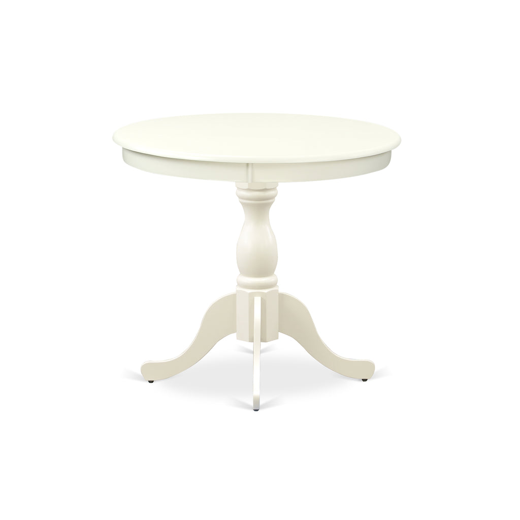 East West Furniture AMIP3-LWH-W 3 Piece Dining Room Table Set Contains a Round Kitchen Table with Pedestal and 2 Dining Chairs, 36x36 Inch, Linen White