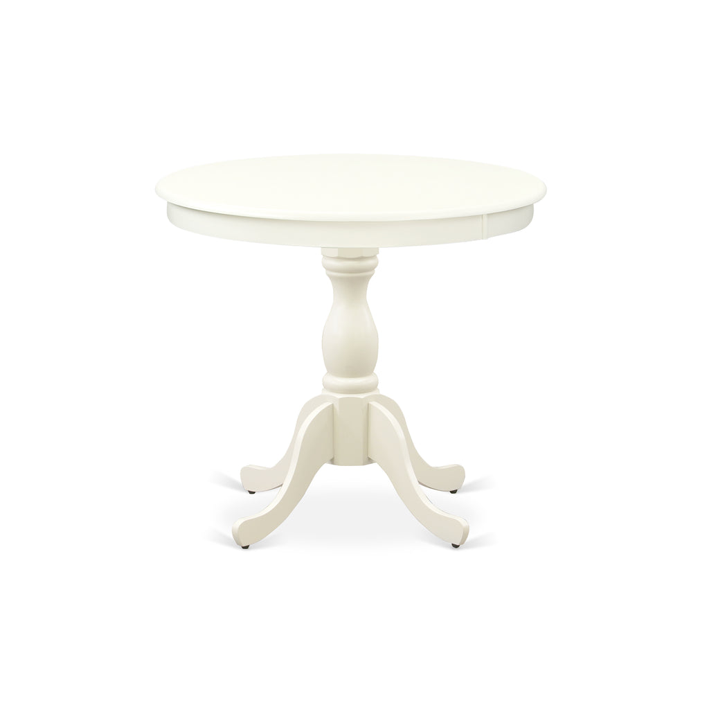 East West Furniture AMBO3-LWH-W 3 Piece Kitchen Table & Chairs Set Contains a Round Dining Room Table with Pedestal and 2 Solid Wood Seat Chairs, 36x36 Inch, Linen White