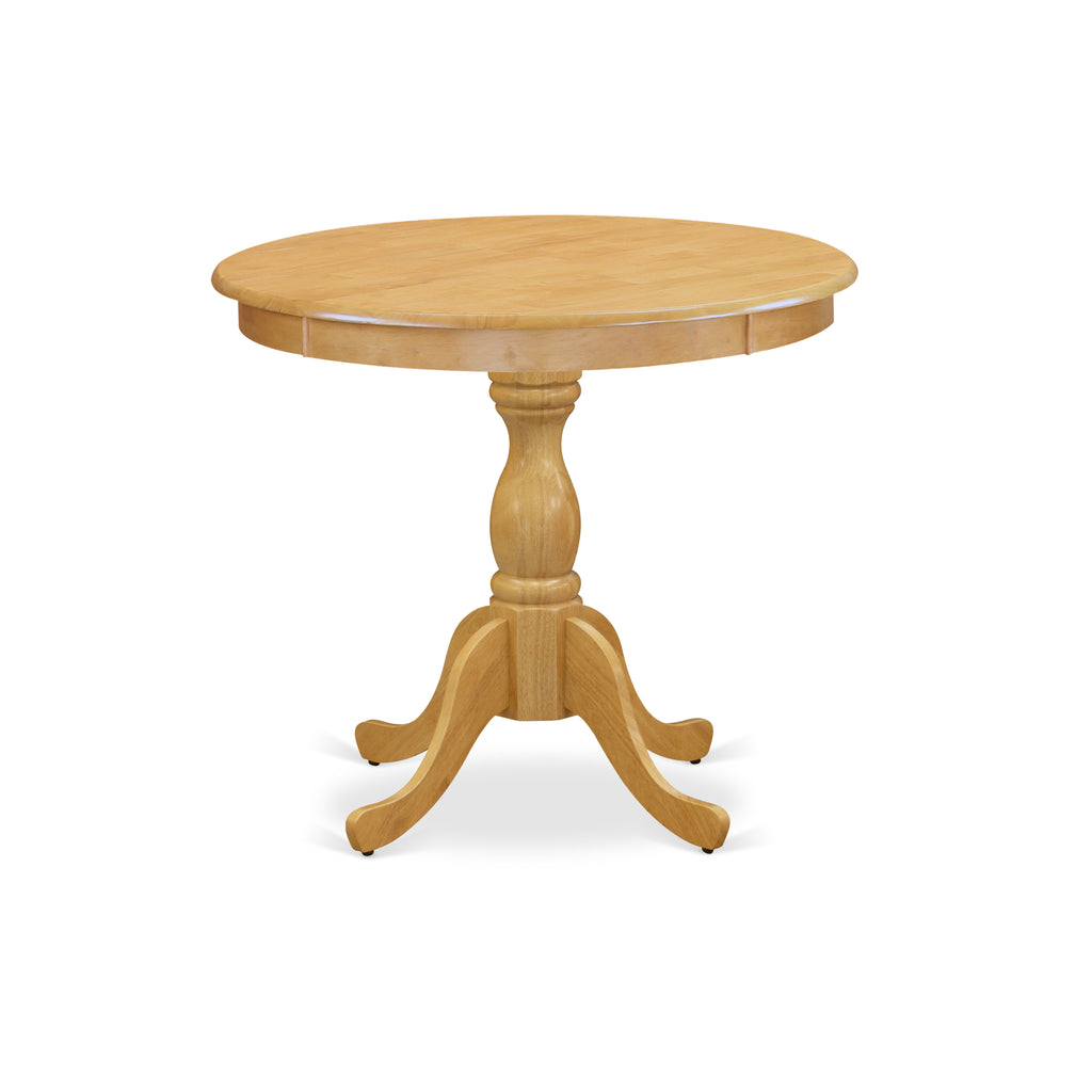 East West Furniture AMEN3-OAK-07 3 Piece Kitchen Table Set Contains a Round Dining Room Table with Pedestal and 2 Limelight Linen Fabric Parson Dining Chairs, 36x36 Inch, Oak