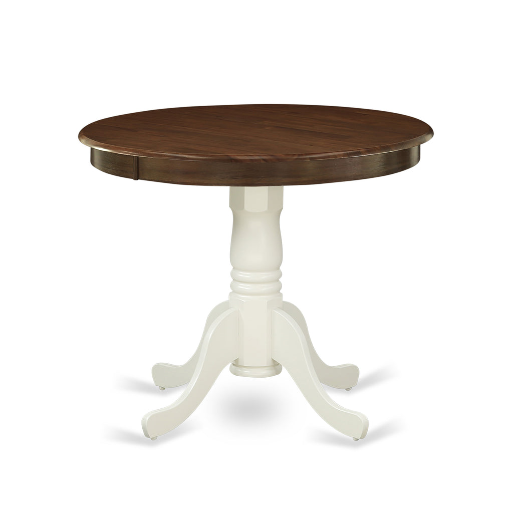 East West Furniture AMT-WLW-TP Antique Kitchen Dining Table - a Round Wooden Table Top with Pedestal Base, 36x36 Inch, Walnut & Linen White