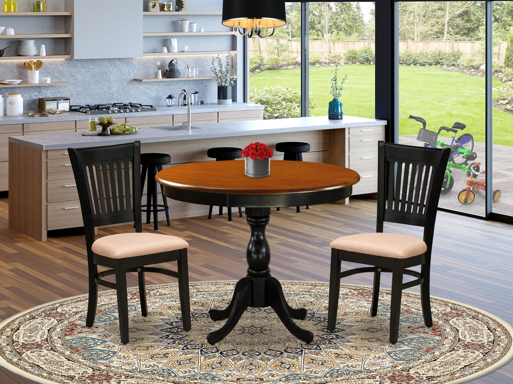 East West Furniture AMVA3-BCH-C 3 Piece Modern Dining Table Set Contains a Round Kitchen Table with Pedestal and 2 Linen Fabric Upholstered Dining Chairs, 36x36 Inch, Black & Cherry