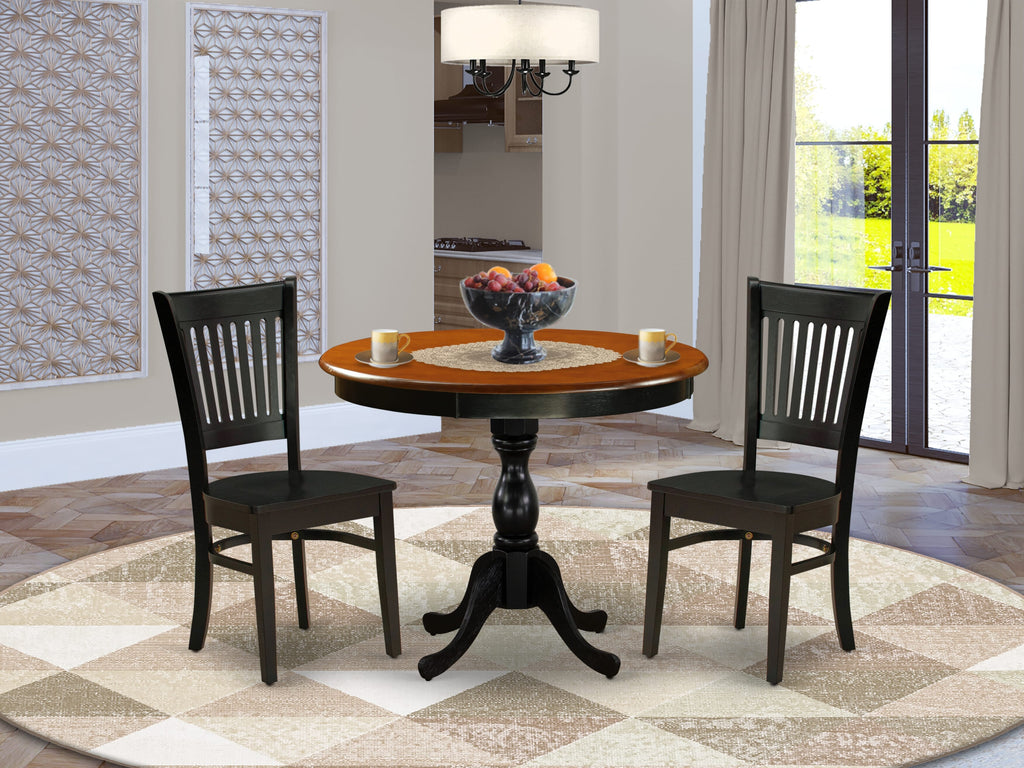 East West Furniture AMVA3-BCH-W 3 Piece Modern Dining Table Set Contains a Round Kitchen Table with Pedestal and 2 Kitchen Dining Chairs, 36x36 Inch, Black & Cherry