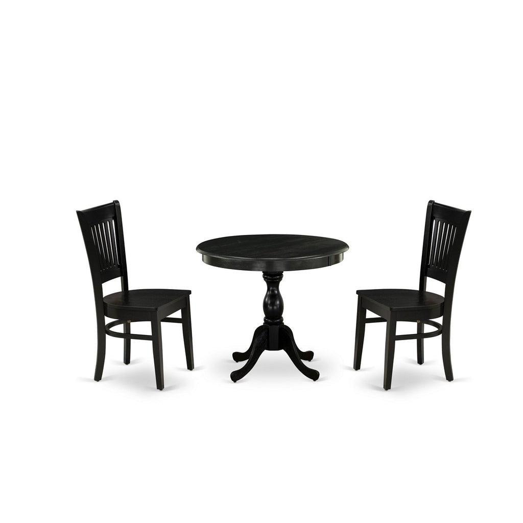 East West Furniture AMVA3-BLK-W 3 Piece Dining Table Set for Small Spaces Contains a Round Kitchen Table with Pedestal and 2 Dining Chairs, 36x36 Inch, Black