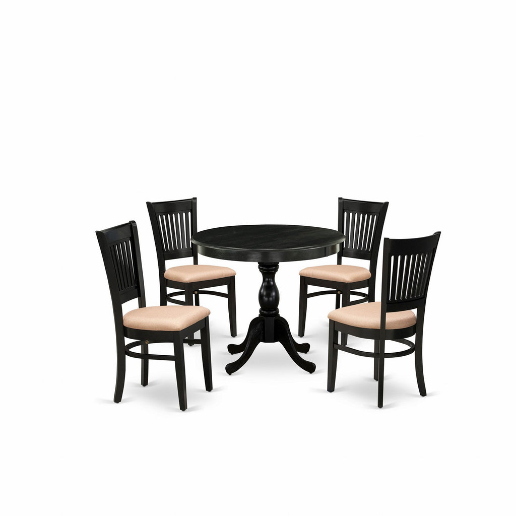 East West Furniture AMVA5-BLK-C 5 Piece Dining Set Includes a Round Kitchen Table with Pedestal and 4 Linen Fabric Upholstered Dining Chairs, 36x36 Inch, Black