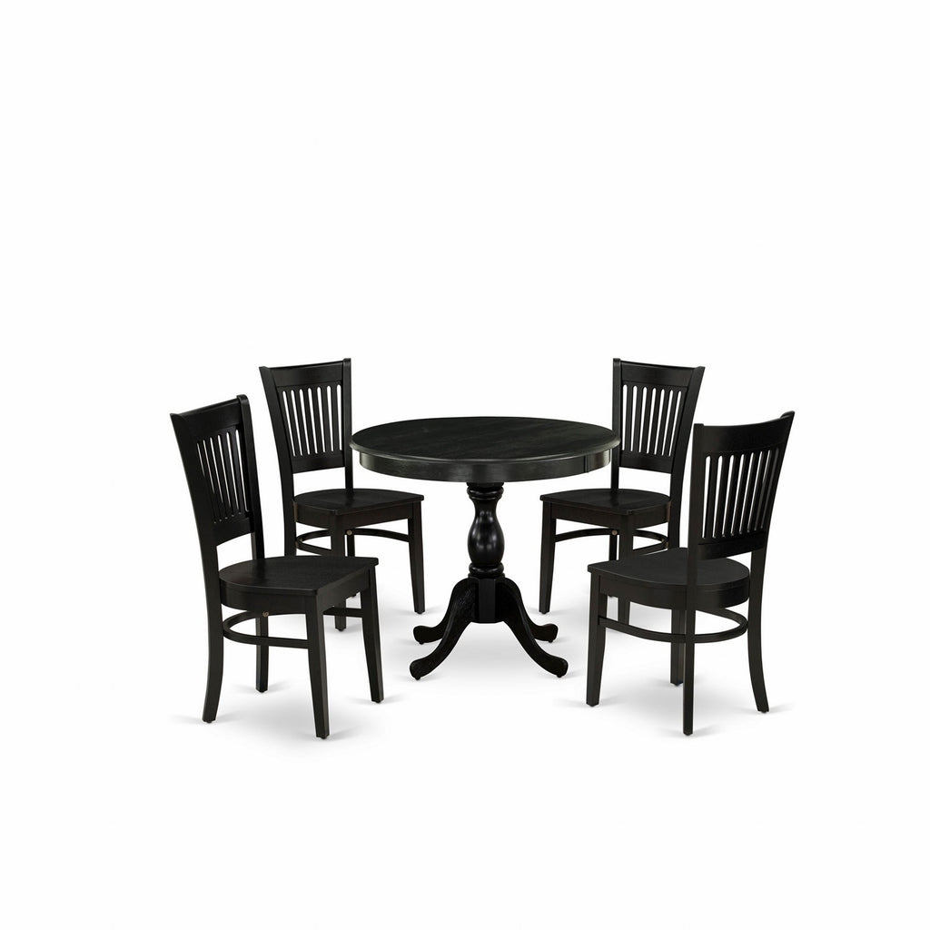 East West Furniture AMVA5-BLK-W 5 Piece Modern Dining Table Set Includes a Round Kitchen Table with Pedestal and 4 Kitchen Dining Chairs, 36x36 Inch, Black