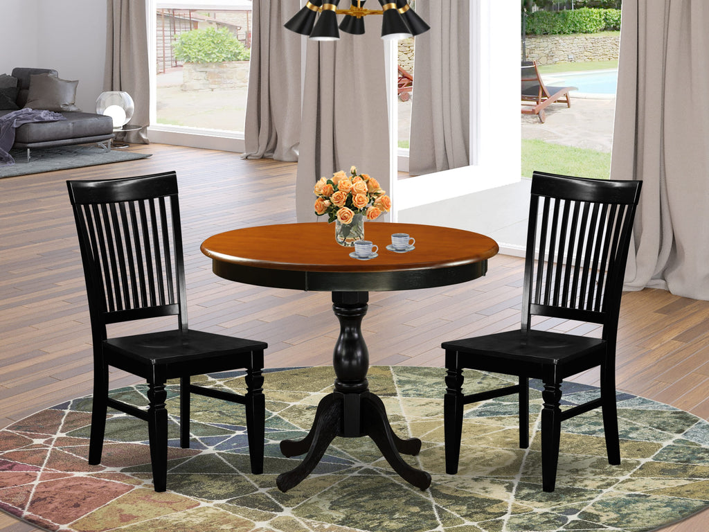 East West Furniture AMWE3-BCH-W 3 Piece Dining Room Furniture Set Contains a Round Kitchen Table with Pedestal and 2 Dining Chairs, 36x36 Inch, Black & Cherry