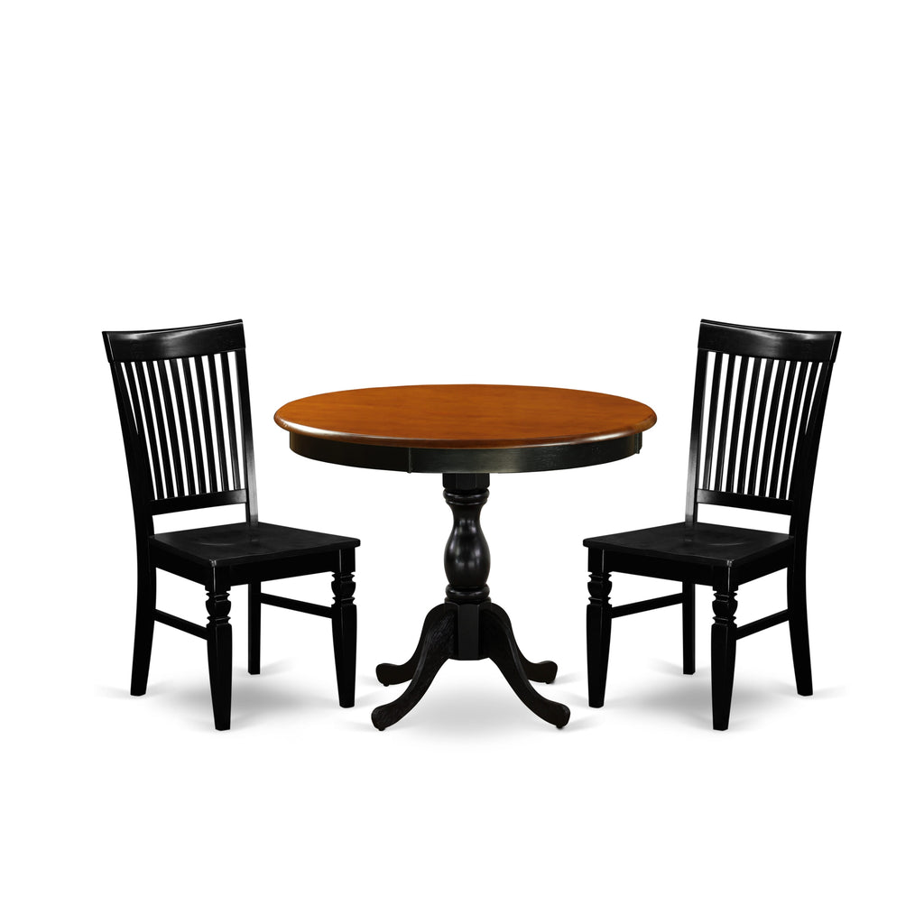 East West Furniture AMWE3-BCH-W 3 Piece Dining Room Furniture Set Contains a Round Kitchen Table with Pedestal and 2 Dining Chairs, 36x36 Inch, Black & Cherry