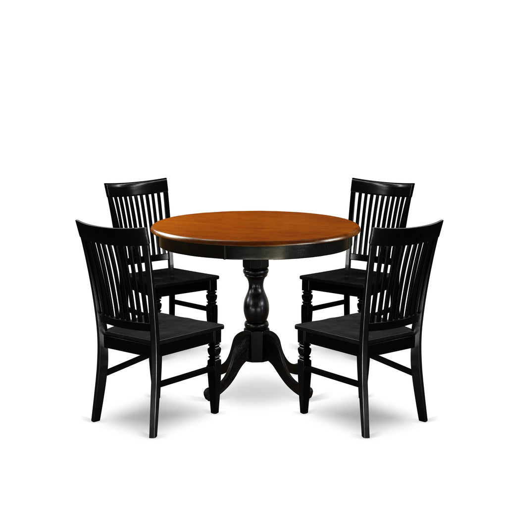 East West Furniture AMWE5-BCH-W 5 Piece Kitchen Table & Chairs Set Includes a Round Dining Room Table with Pedestal and 4 Solid Wood Seat Chairs, 36x36 Inch, Black & Cherry
