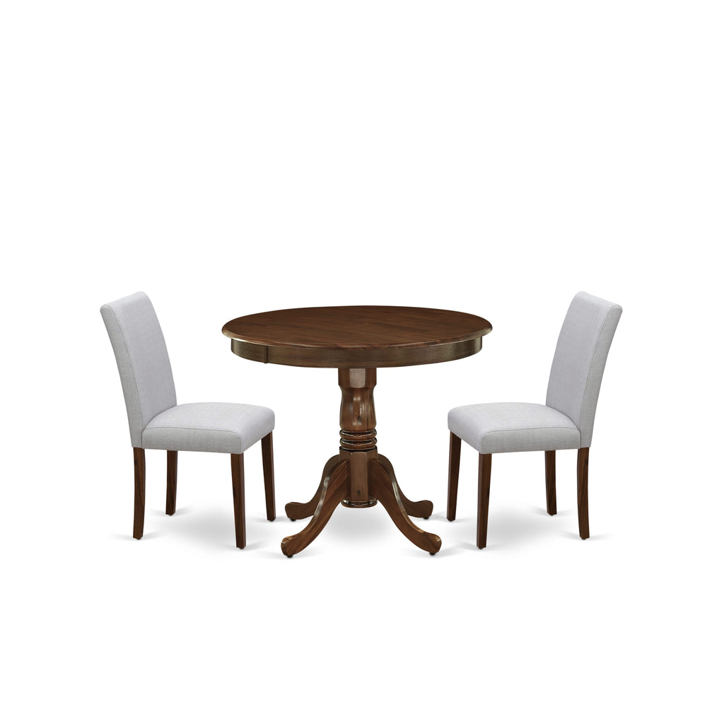 East West Furniture ANAB3-AWA-05 3 Piece Modern Dining Table Set Includes a Round Kitchen Table with Pedestal and 2 Parson Dining Chairs, 36x36 Inch, Antique Walnut