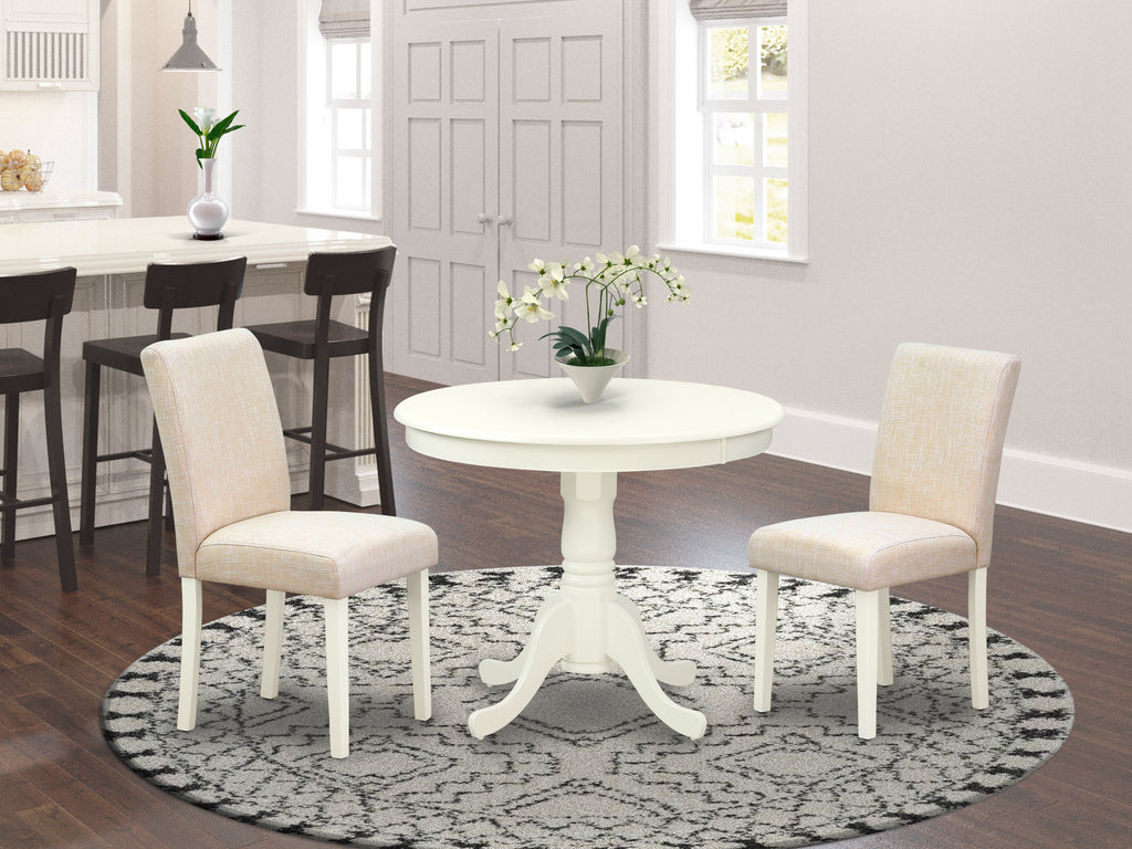 East West Furniture ANAB3-LWH-02 3 Piece Dinette Set for Small Spaces Contains a Round Kitchen Table with Pedestal and 2 Light Beige Linen Fabric Parson Chairs, 36x36 Inch, Linen White