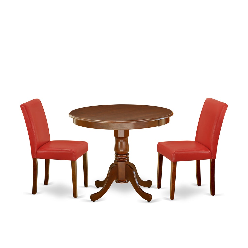 East West Furniture ANAB3-MAH-72 3 Piece Dinette Set for Small Spaces Contains a Round Kitchen Table with Pedestal and 2 Firebrick Red Faux Leather Parsons Chairs, 36x36 Inch, Mahogany