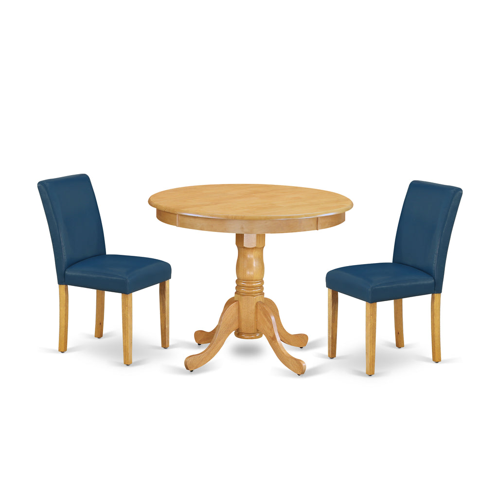 East West Furniture ANAB3-OAK-55 3 Piece Kitchen Table & Chairs Set Contains a Round Dining Room Table with Pedestal and 2 Oasis Blue Faux Leather Parsons Chairs, 36x36 Inch, Oak