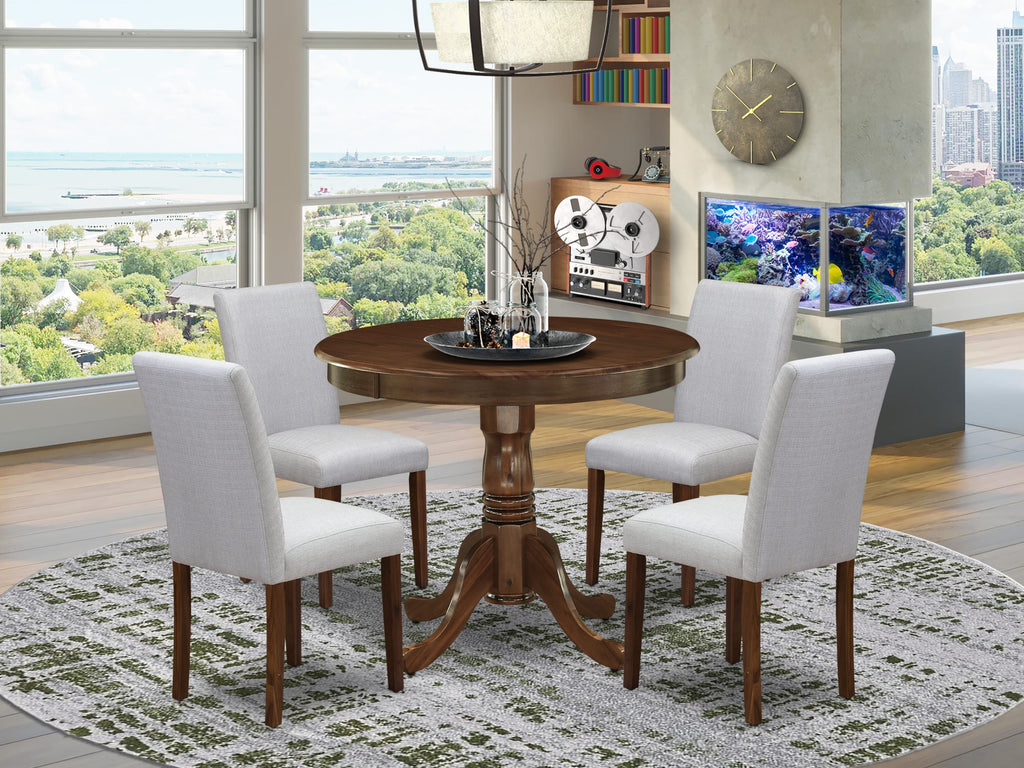 East West Furniture ANAB5-AWA-05 5 Piece Kitchen Table & Chairs Set Contains a Round Dining Room Table with Pedestal and 4 Upholstered Chairs, 36x36 Inch, Antique Walnut