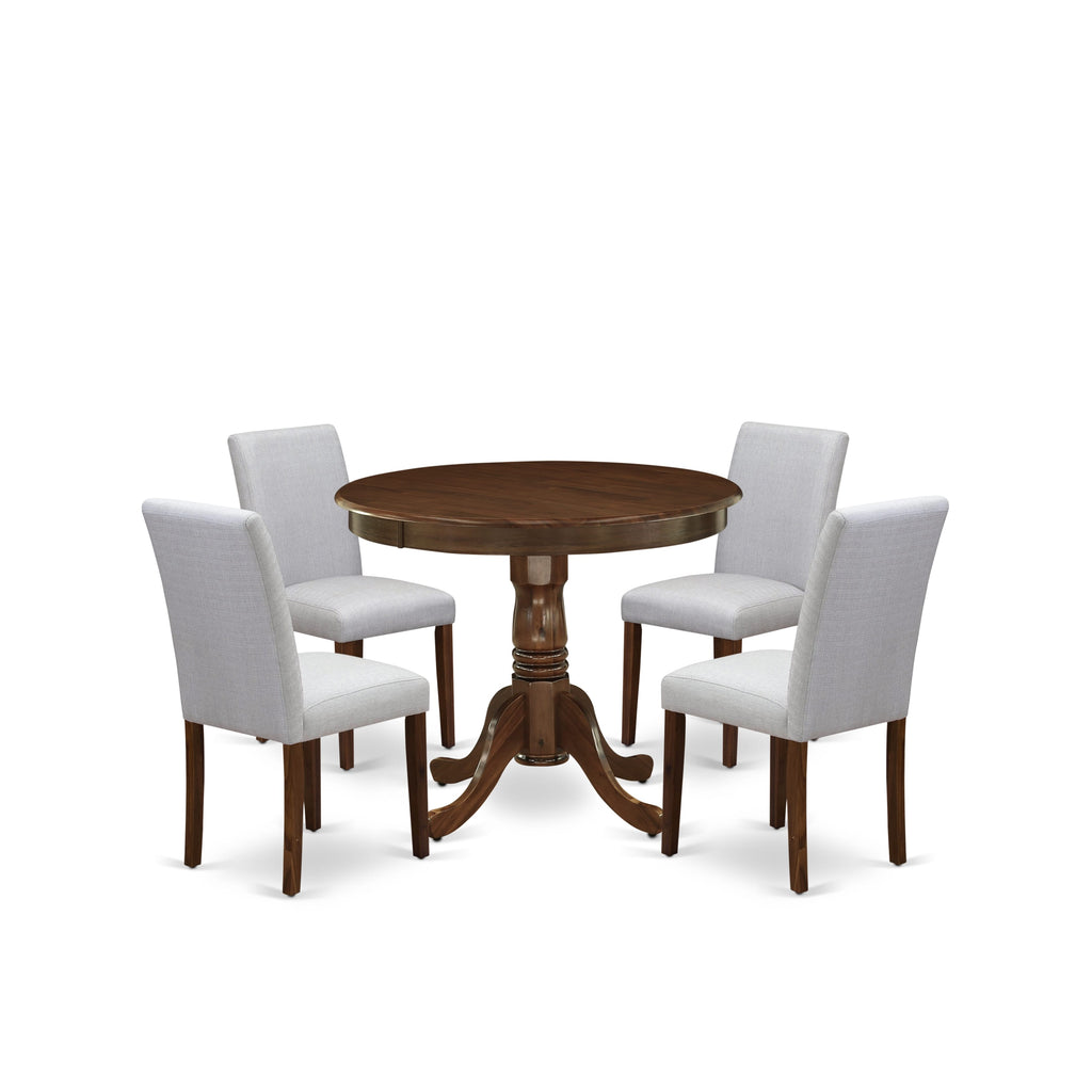 East West Furniture ANAB5-AWA-05 5 Piece Kitchen Table & Chairs Set Contains a Round Dining Room Table with Pedestal and 4 Upholstered Chairs, 36x36 Inch, Antique Walnut