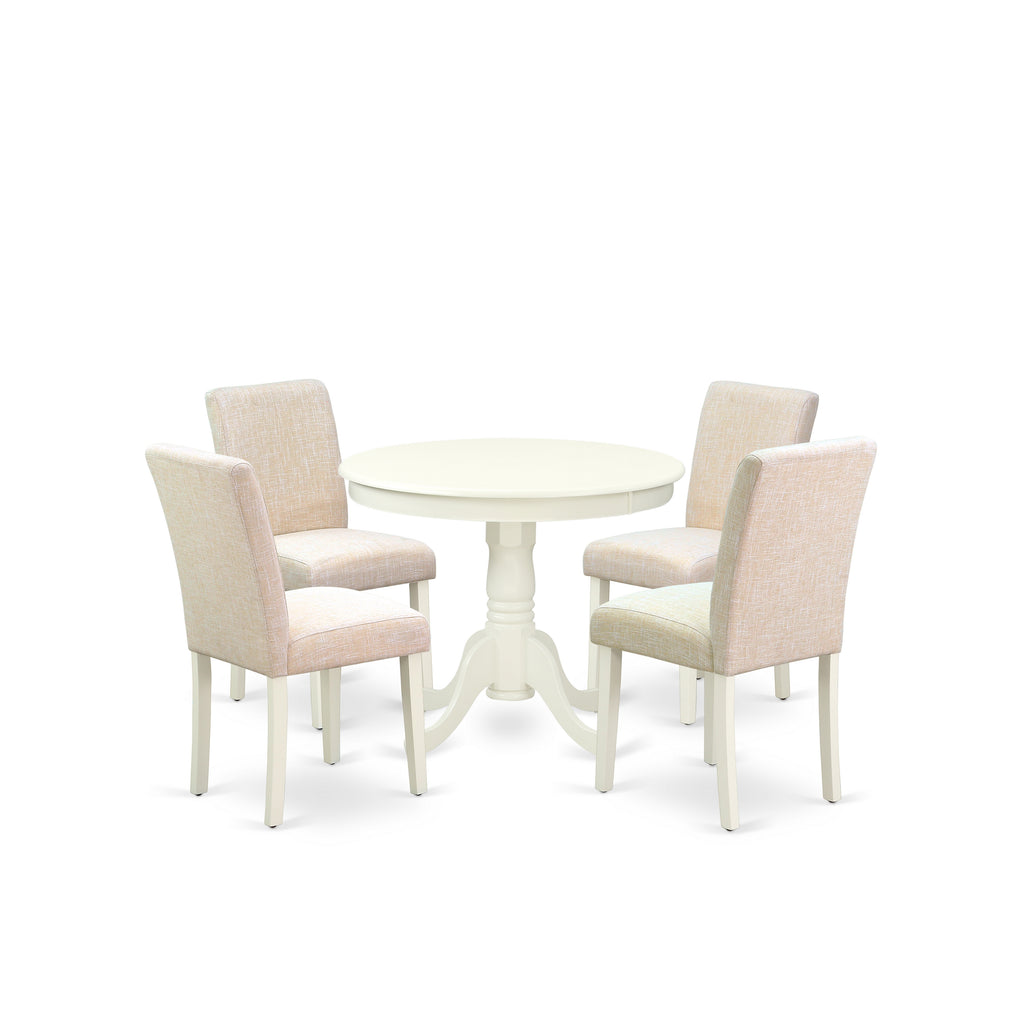 East West Furniture ANAB5-LWH-02 5 Piece Dining Table Set for 4 Includes a Round Kitchen Table with Pedestal and 4 Light Beige Linen Fabric Upholstered Chairs, 36x36 Inch, Linen White