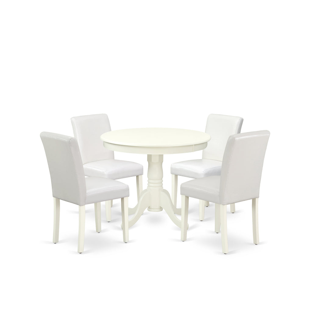 East West Furniture ANAB5-LWH-64 5 Piece Dining Room Table Set Includes a Round Kitchen Table with Pedestal and 4 White Faux Leather Upholstered Parson Chairs, 36x36 Inch, Linen White