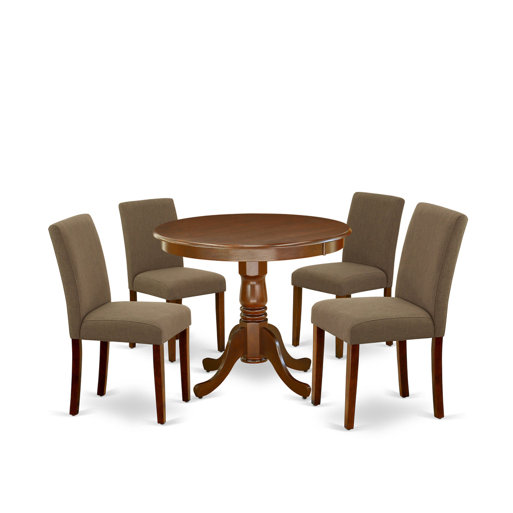 East West Furniture ANAB5-MAH-18 5 Piece Dining Table Set for 4 Includes a Round Kitchen Table with Pedestal and 4 Coffee Linen Fabric Upholstered Chairs, 36x36 Inch, Mahogany