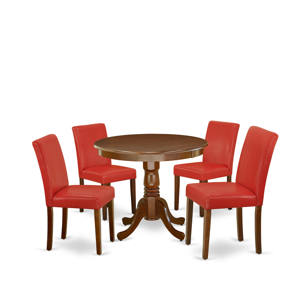 East West Furniture ANAB5-MAH-72 5 Piece Dining Table Set Includes a Round Dining Room Table with Pedestal and 4 Firebrick Red Faux Leather Parsons Chairs, 36x36 Inch, Mahogany