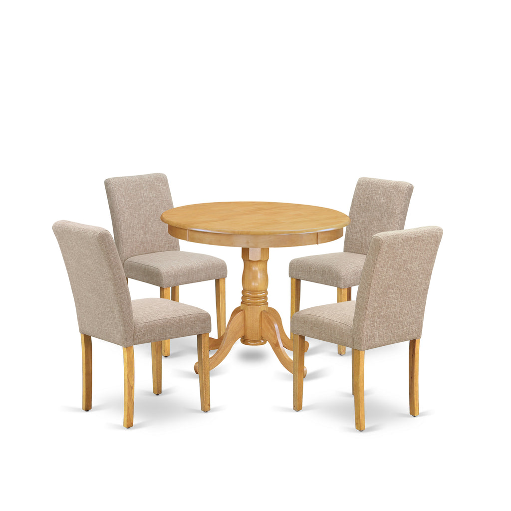 East West Furniture ANAB5-OAK-04 5 Piece Dining Table Set for 4 Includes a Round Kitchen Table with Pedestal and 4 Light Tan Linen Fabric Parson Dining Chairs, 36x36 Inch, Oak