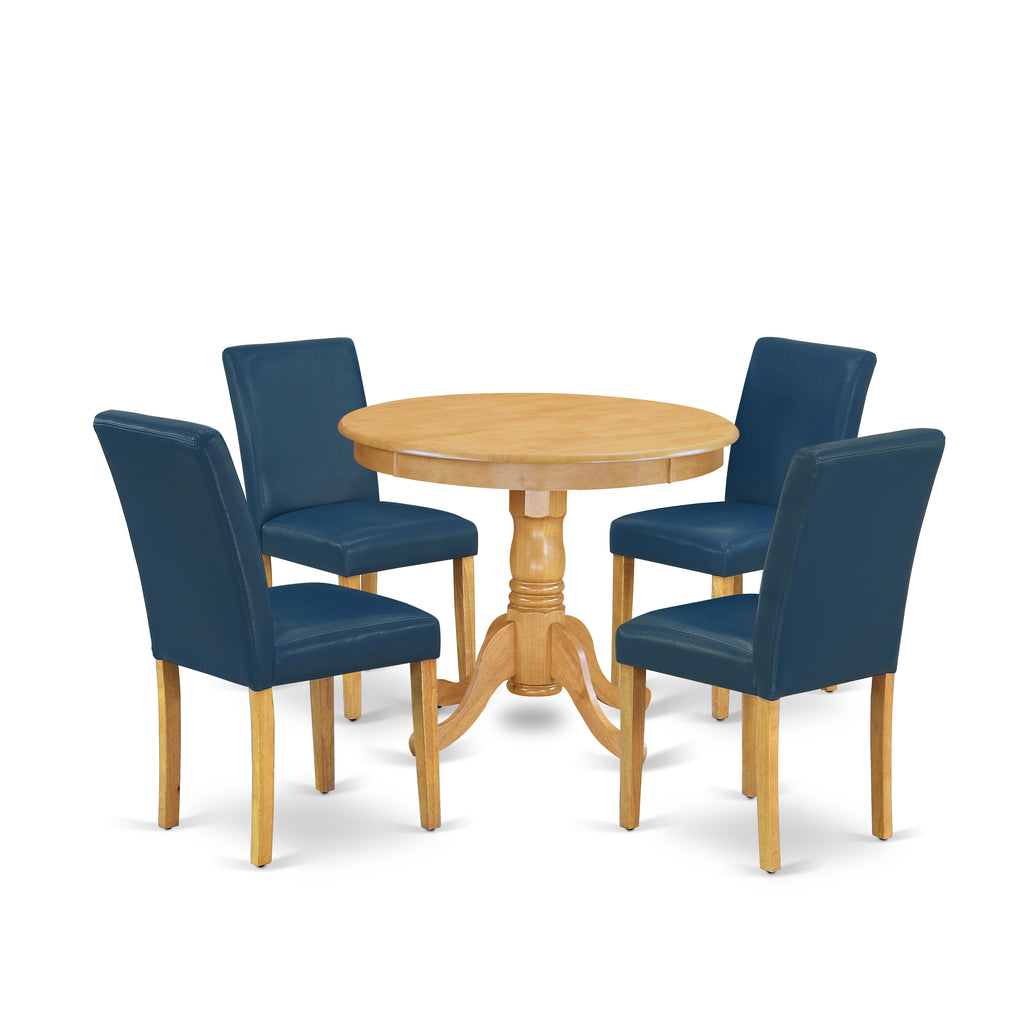 East West Furniture ANAB5-OAK-55 5 Piece Dining Room Table Set Includes a Round Kitchen Table with Pedestal and 4 Oasis Blue Faux Leather Upholstered Parson Chairs, 36x36 Inch, Oak