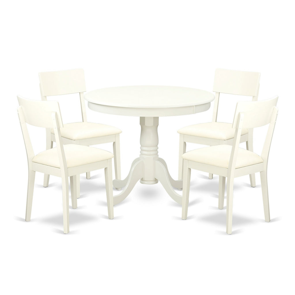 East West Furniture ANAD5-LWH-LC 5 Piece Dining Set Includes a Round Kitchen Table with Pedestal and 4 Faux Leather Dining Room Chairs, 36x36 Inch, Linen White