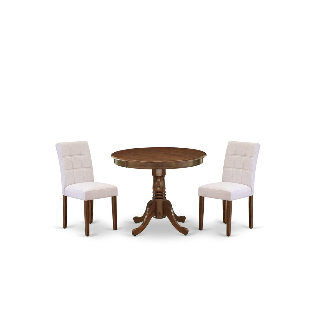 East West Furniture ANAS3-AWA-08 3 Piece Kitchen Dining Table Set contain A Modern Table and 2 Mist Beige Linen Fabric Upholstered Dining Chairs, Antique Walnut