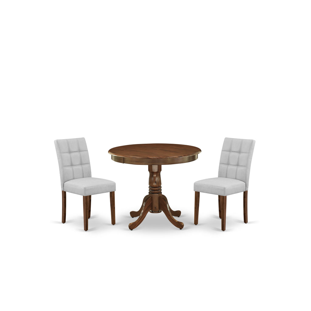 East West Furniture ANAS3-AWA-27 3 Piece Modern Dining Set consists A Dinning Table and 2 Light Gray 
Faux Leather Dinner Chairs, Antique Walnut