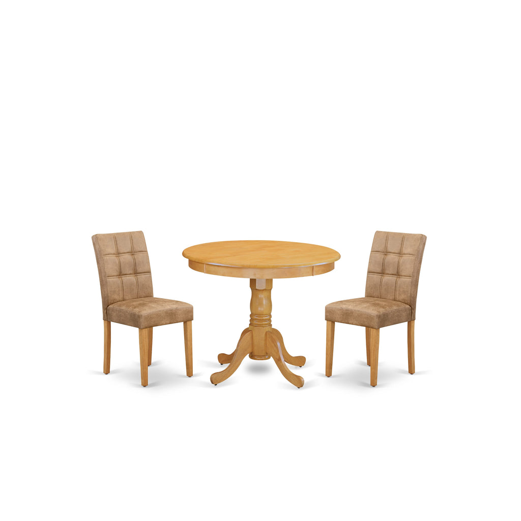 East West Furniture ANAS3-OAK-28 3 Piece Modern Dining Set consists A Dining Room Table and 2 Brown Textured Faux Leather Upholstered Dining Chairs, Oak