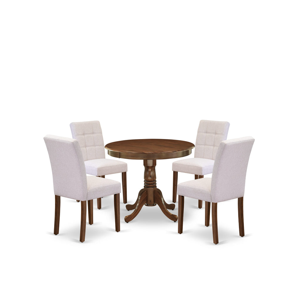 East West Furniture ANAS5-AWA-08 5 Piece Mid Century Modern Dining Table Set consists A Modern Kitchen Table and 4 Mist Beige Linen Fabric Modern Dining Chairs, Antique Walnut