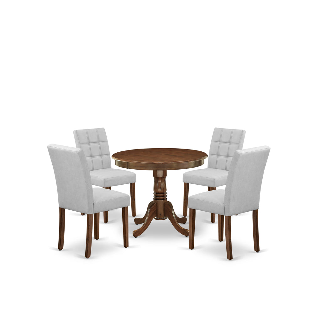 East West Furniture ANAS5-AWA-27 5 Piece Mid Century Dining Set Includes A Dinner Table and 4 Light Gray Faux Leather Parsons Chairs, Antique Walnut