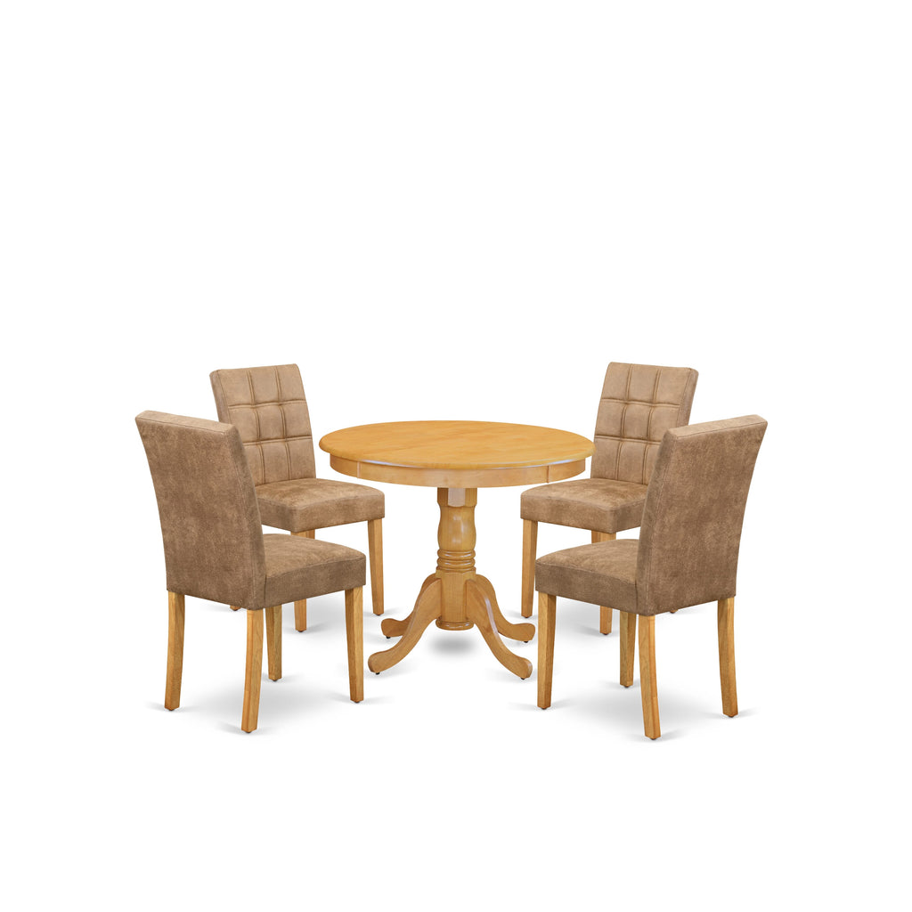 East West Furniture ANAS5-OAK-28 5 Piece Mid Century Dining Set Includes A Dinning Table and 4 Brown Textured Faux Leather Padded Chairs, Oak