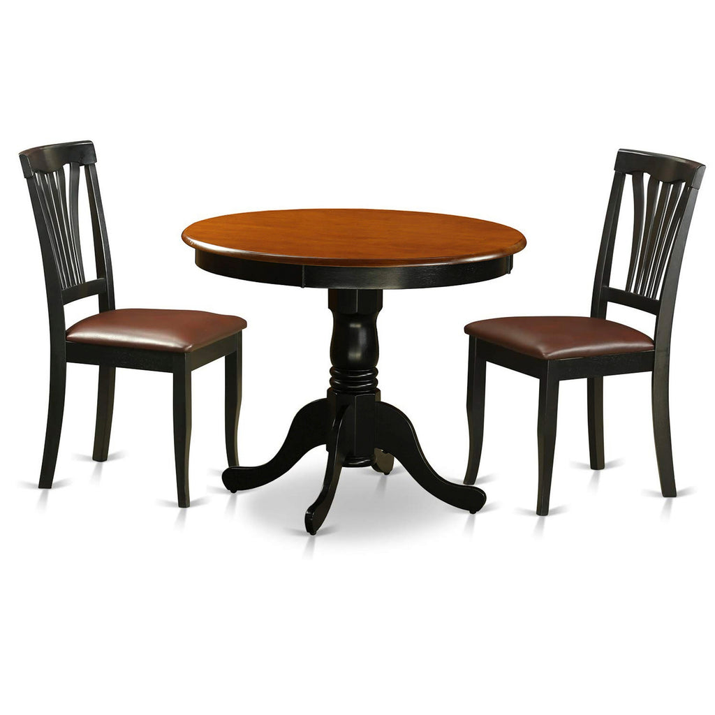 East West Furniture ANAV3-BLK-LC 3 Piece Dining Room Furniture Set Contains a Round Kitchen Table with Pedestal and 2 Faux Leather Upholstered Dining Chairs, 36x36 Inch, Black & Cherry