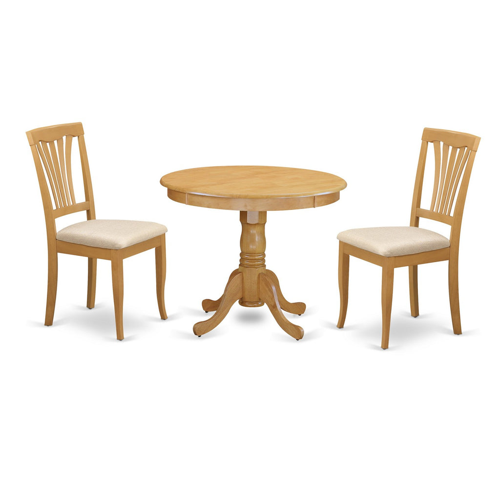 East West Furniture ANAV3-OAK-C 3 Piece Dining Room Table Set Contains a Round Wooden Table with Pedestal and 2 Linen Fabric Kitchen Dining Chairs, 36x36 Inch, Oak