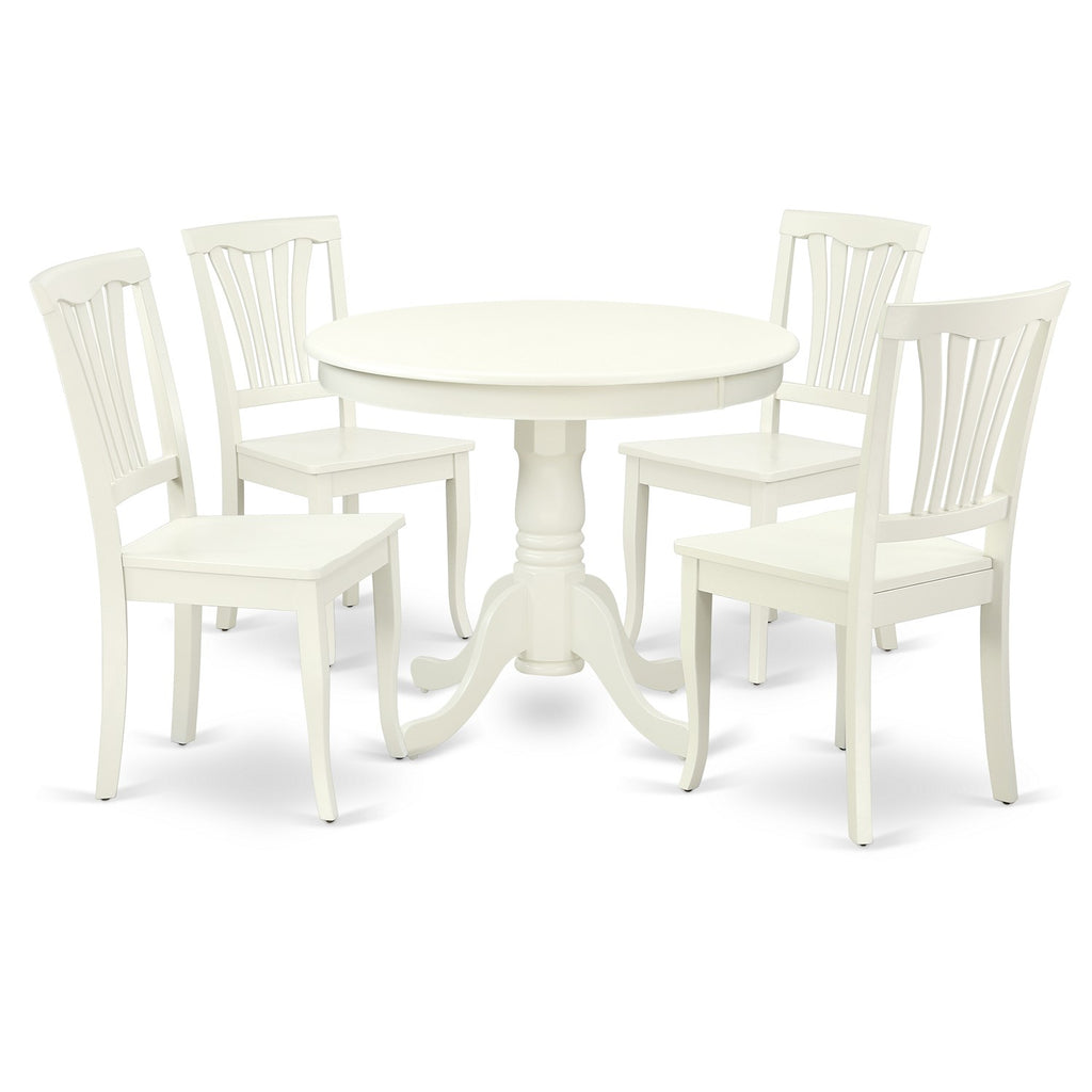 East West Furniture ANAV5-LWH-W 5 Piece Dining Room Table Set Includes a Round Kitchen Table with Pedestal and 4 Dining Chairs, 36x36 Inch, Linen White