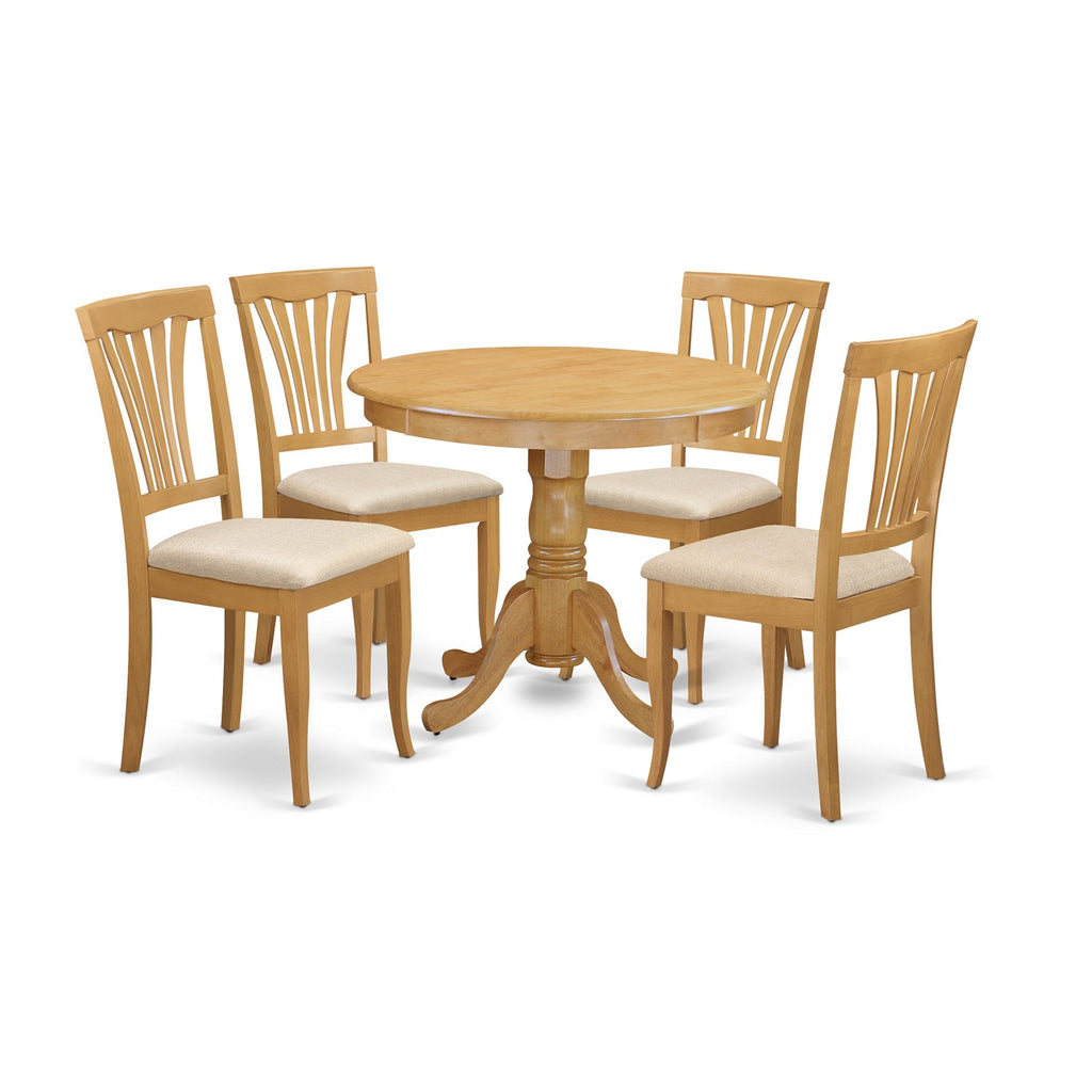 East West Furniture ANAV5-OAK-C 5 Piece Kitchen Table Set for 4 Includes a Round Dining Table with Pedestal and 4 Linen Fabric Dining Room Chairs, 36x36 Inch, Oak