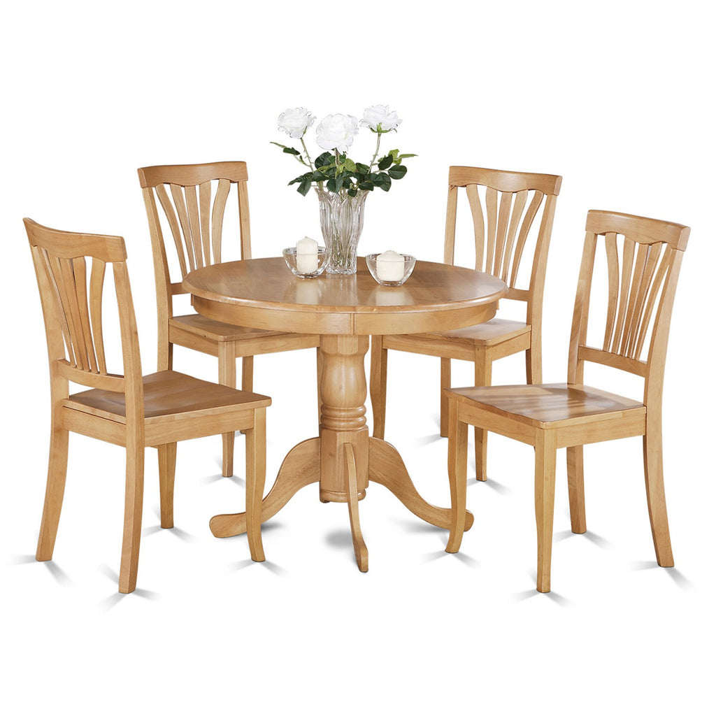 East West Furniture ANAV5-OAK-W 5 Piece Dining Room Table Set Includes a Round Kitchen Table with Pedestal and 4 Dining Chairs, 36x36 Inch, Oak